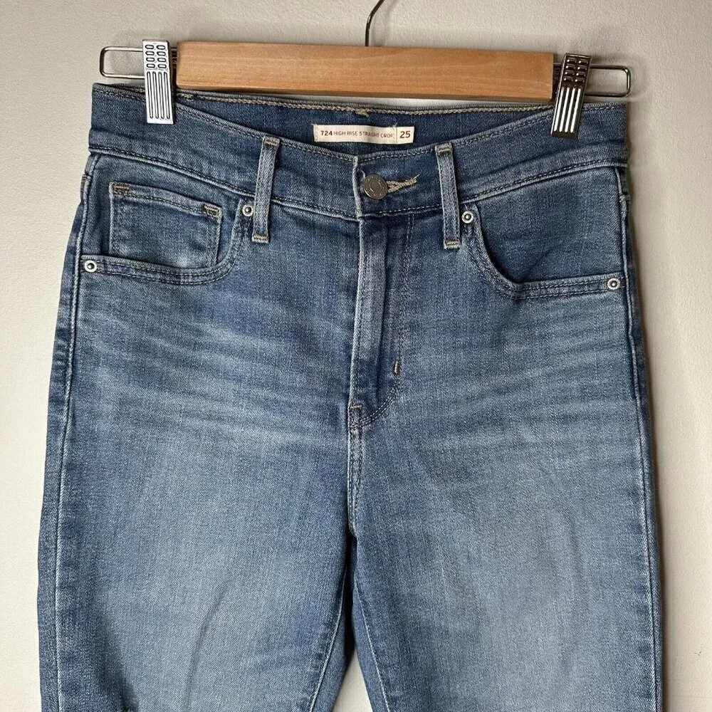 Levis Jeans Womens 724 High Rise Straight Crop Blue Stretch Denim Distressed 25‎
